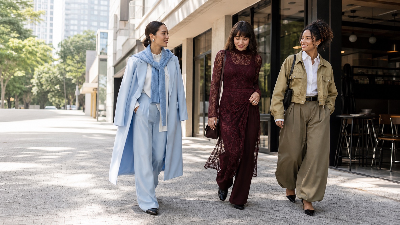 Três mulheres usando looks Cool Blue, Vamp Romantic e Khaki Coded em uma rua contemporânea