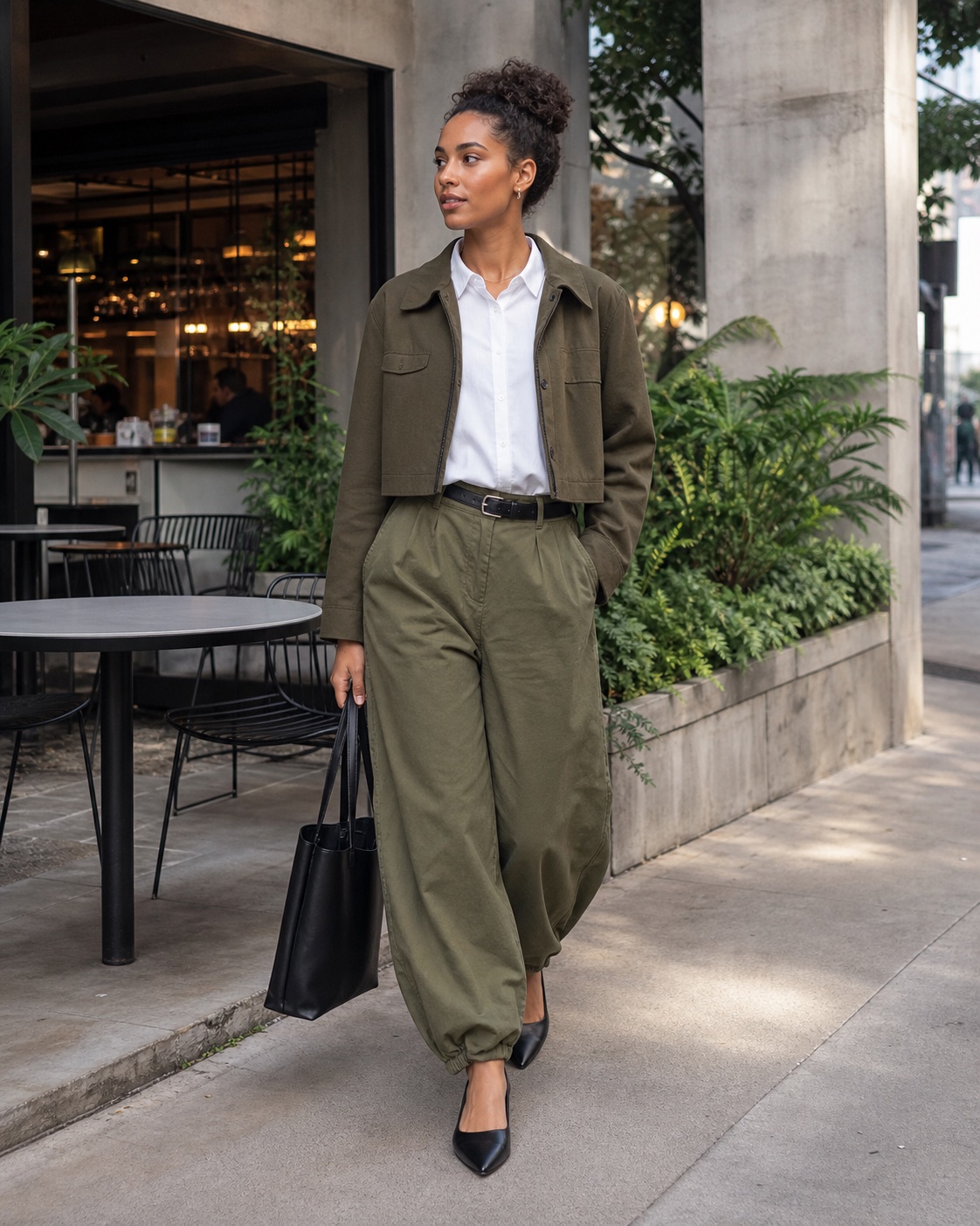 Look cáqui urbano com calça balão, camisa branca e jaqueta utilitária